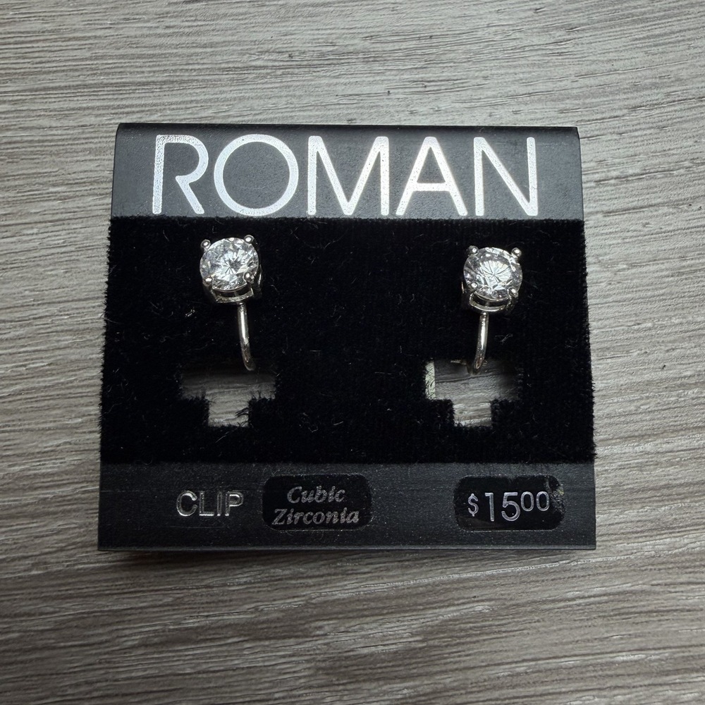 Roman Clip On Earrings Cubic Zirconia Silver Tone Round Studs New